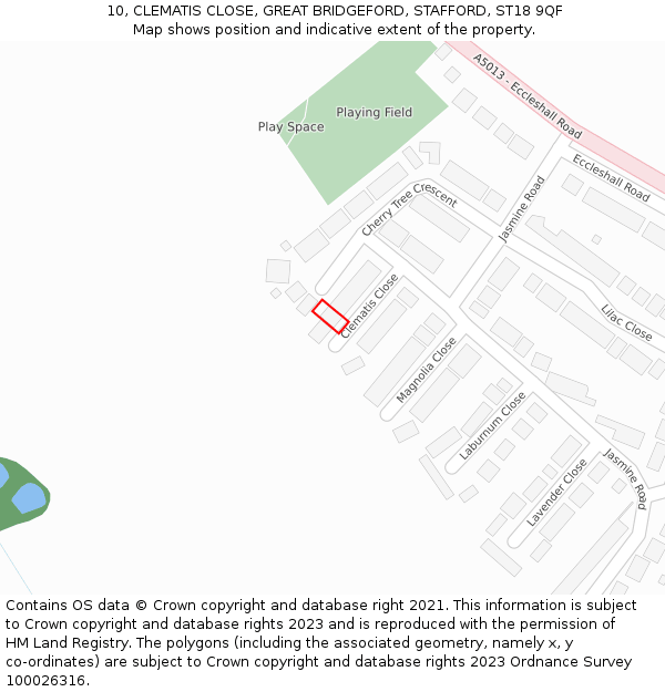 10, CLEMATIS CLOSE, GREAT BRIDGEFORD, STAFFORD, ST18 9QF: Location map and indicative extent of plot