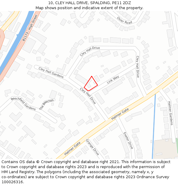 10, CLEY HALL DRIVE, SPALDING, PE11 2DZ: Location map and indicative extent of plot