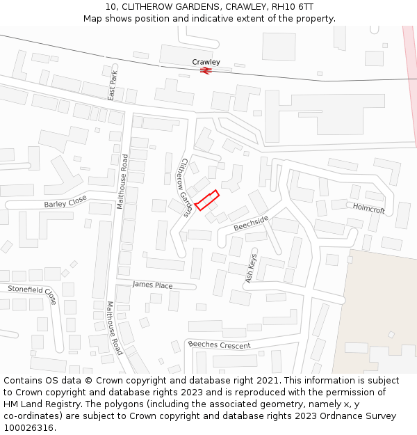 10, CLITHEROW GARDENS, CRAWLEY, RH10 6TT: Location map and indicative extent of plot