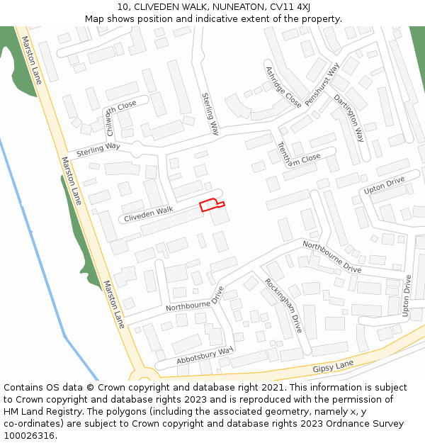 10, CLIVEDEN WALK, NUNEATON, CV11 4XJ: Location map and indicative extent of plot