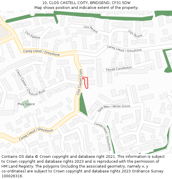 10, CLOS CASTELL COITY, BRIDGEND, CF31 5DW: Location map and indicative extent of plot