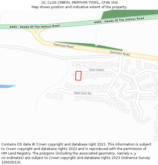 10, CLOS CRIBYN, MERTHYR TYDFIL, CF48 1NS: Location map and indicative extent of plot