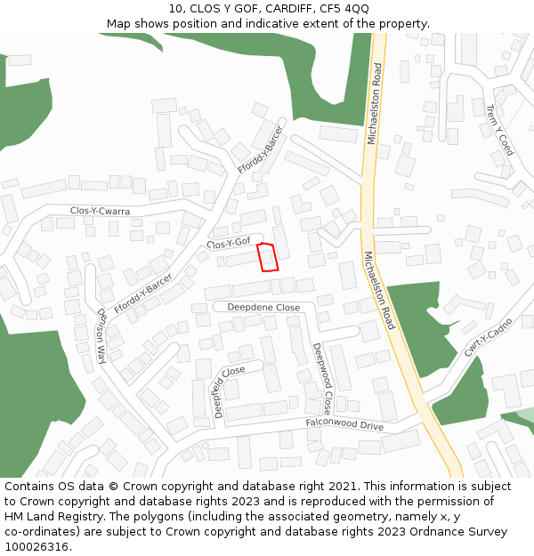 10, CLOS Y GOF, CARDIFF, CF5 4QQ: Location map and indicative extent of plot