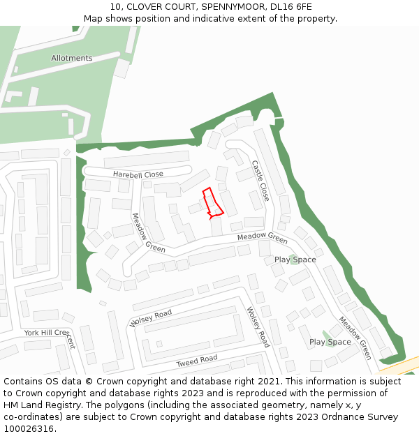 10, CLOVER COURT, SPENNYMOOR, DL16 6FE: Location map and indicative extent of plot