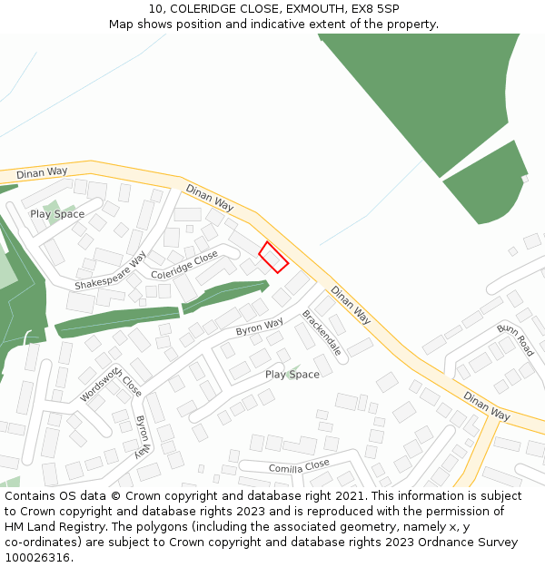 10, COLERIDGE CLOSE, EXMOUTH, EX8 5SP: Location map and indicative extent of plot