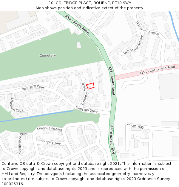 10, COLERIDGE PLACE, BOURNE, PE10 9WA: Location map and indicative extent of plot