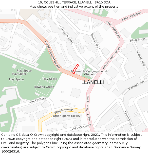 10, COLESHILL TERRACE, LLANELLI, SA15 3DA: Location map and indicative extent of plot