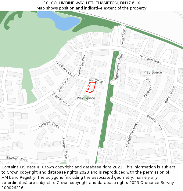 10, COLUMBINE WAY, LITTLEHAMPTON, BN17 6UX: Location map and indicative extent of plot