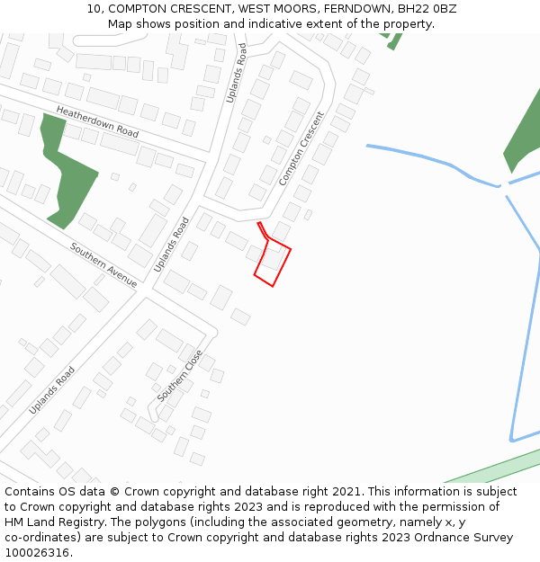 10, COMPTON CRESCENT, WEST MOORS, FERNDOWN, BH22 0BZ: Location map and indicative extent of plot