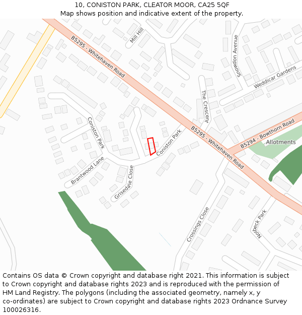 10, CONISTON PARK, CLEATOR MOOR, CA25 5QF: Location map and indicative extent of plot