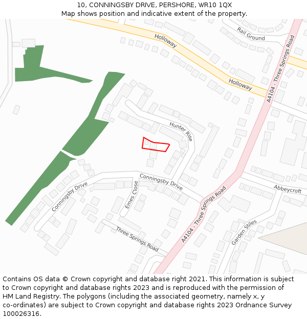 10, CONNINGSBY DRIVE, PERSHORE, WR10 1QX: Location map and indicative extent of plot
