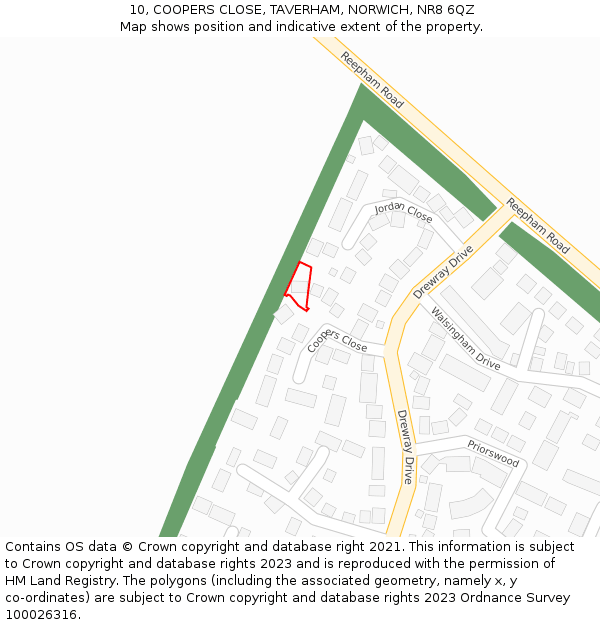 10, COOPERS CLOSE, TAVERHAM, NORWICH, NR8 6QZ: Location map and indicative extent of plot