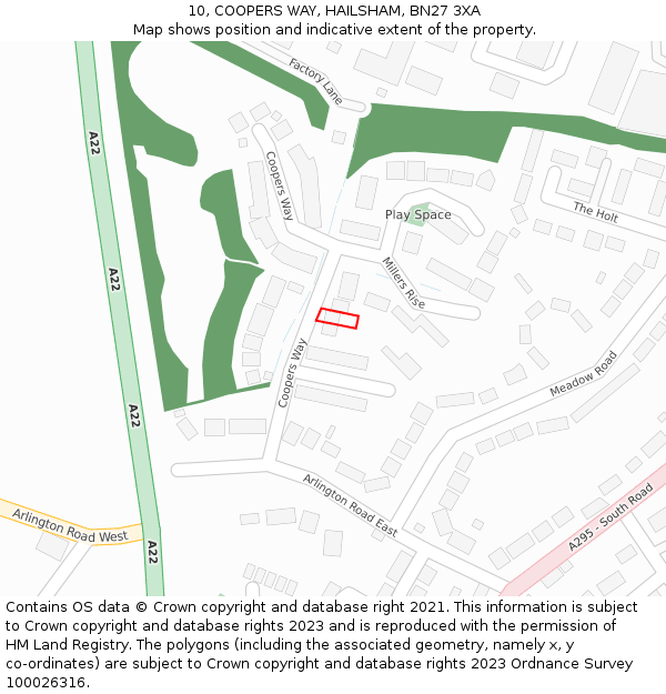 10, COOPERS WAY, HAILSHAM, BN27 3XA: Location map and indicative extent of plot