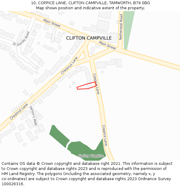 10, COPPICE LANE, CLIFTON CAMPVILLE, TAMWORTH, B79 0BG: Location map and indicative extent of plot
