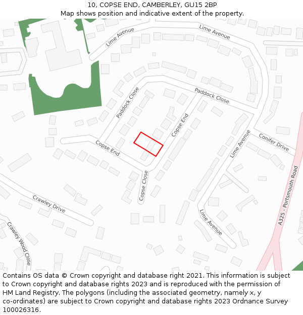 10, COPSE END, CAMBERLEY, GU15 2BP: Location map and indicative extent of plot