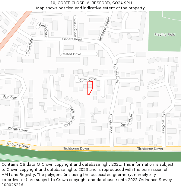 10, CORFE CLOSE, ALRESFORD, SO24 9PH: Location map and indicative extent of plot