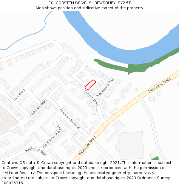 10, CORSTEN DRIVE, SHREWSBURY, SY2 5TJ: Location map and indicative extent of plot