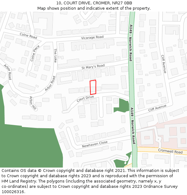 10, COURT DRIVE, CROMER, NR27 0BB: Location map and indicative extent of plot