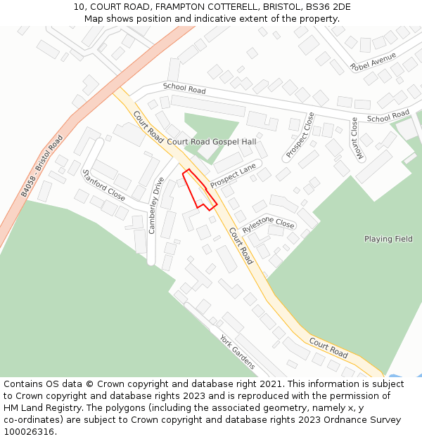 10, COURT ROAD, FRAMPTON COTTERELL, BRISTOL, BS36 2DE: Location map and indicative extent of plot