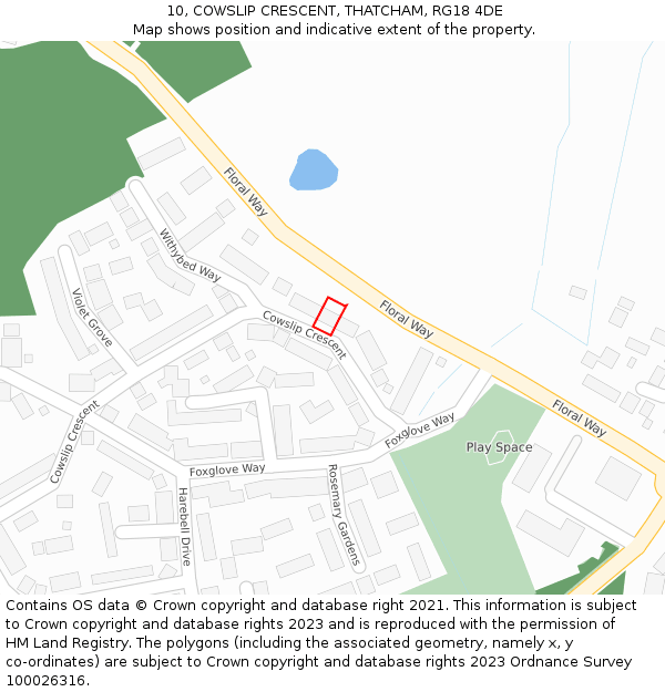 10, COWSLIP CRESCENT, THATCHAM, RG18 4DE: Location map and indicative extent of plot