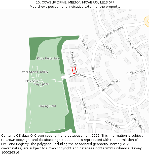 10, COWSLIP DRIVE, MELTON MOWBRAY, LE13 0FF: Location map and indicative extent of plot