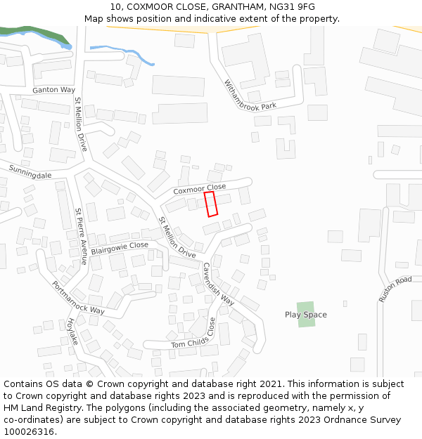 10, COXMOOR CLOSE, GRANTHAM, NG31 9FG: Location map and indicative extent of plot