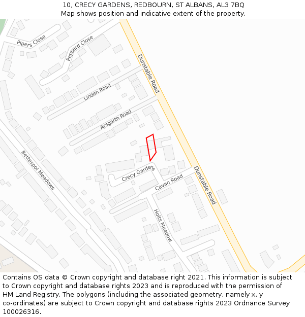 10, CRECY GARDENS, REDBOURN, ST ALBANS, AL3 7BQ: Location map and indicative extent of plot