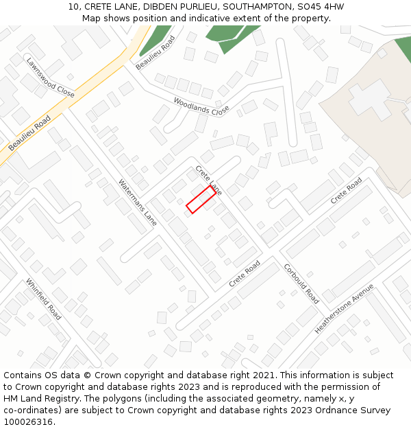 10, CRETE LANE, DIBDEN PURLIEU, SOUTHAMPTON, SO45 4HW: Location map and indicative extent of plot