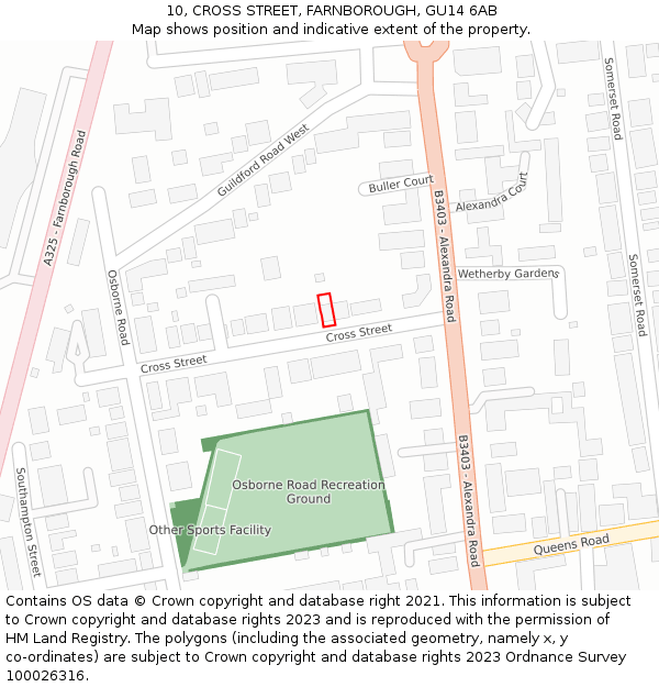 10, CROSS STREET, FARNBOROUGH, GU14 6AB: Location map and indicative extent of plot