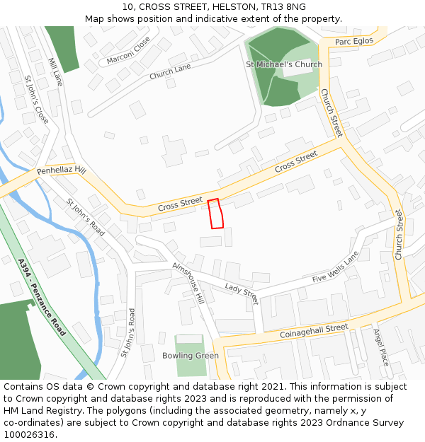 10, CROSS STREET, HELSTON, TR13 8NG: Location map and indicative extent of plot