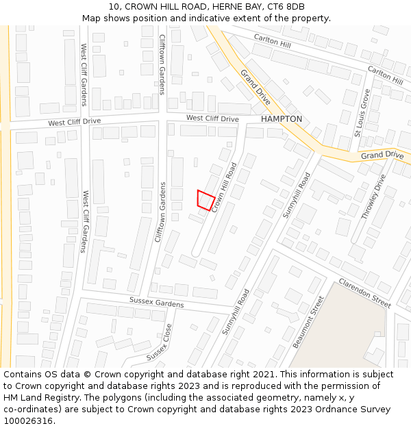 10, CROWN HILL ROAD, HERNE BAY, CT6 8DB: Location map and indicative extent of plot