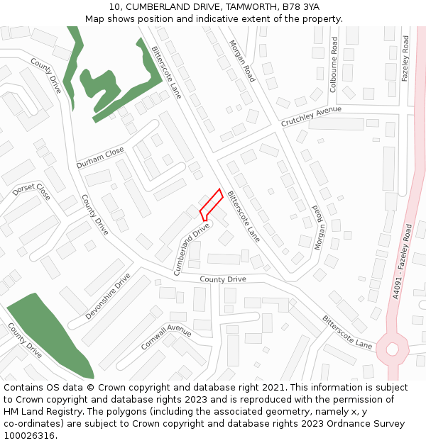 10, CUMBERLAND DRIVE, TAMWORTH, B78 3YA: Location map and indicative extent of plot