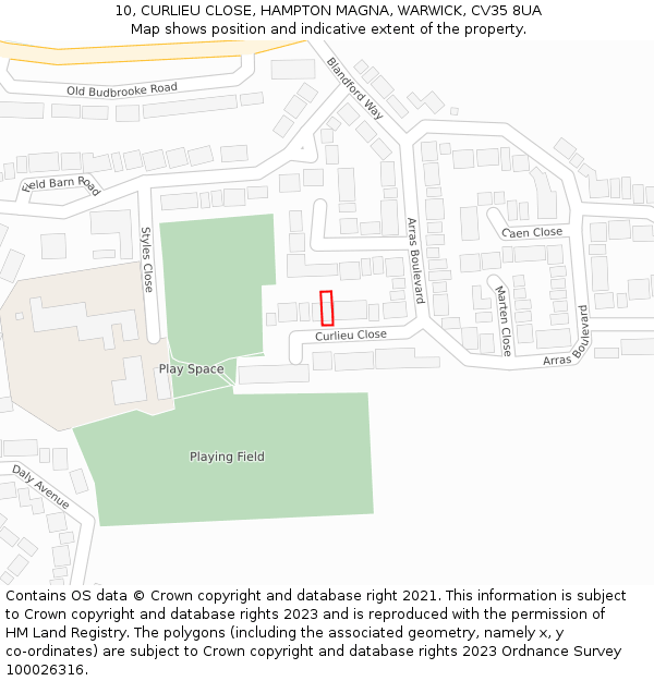 10, CURLIEU CLOSE, HAMPTON MAGNA, WARWICK, CV35 8UA: Location map and indicative extent of plot