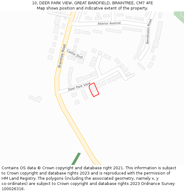 10, DEER PARK VIEW, GREAT BARDFIELD, BRAINTREE, CM7 4FE: Location map and indicative extent of plot