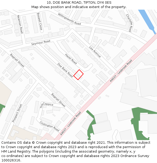 10, DOE BANK ROAD, TIPTON, DY4 0ES: Location map and indicative extent of plot