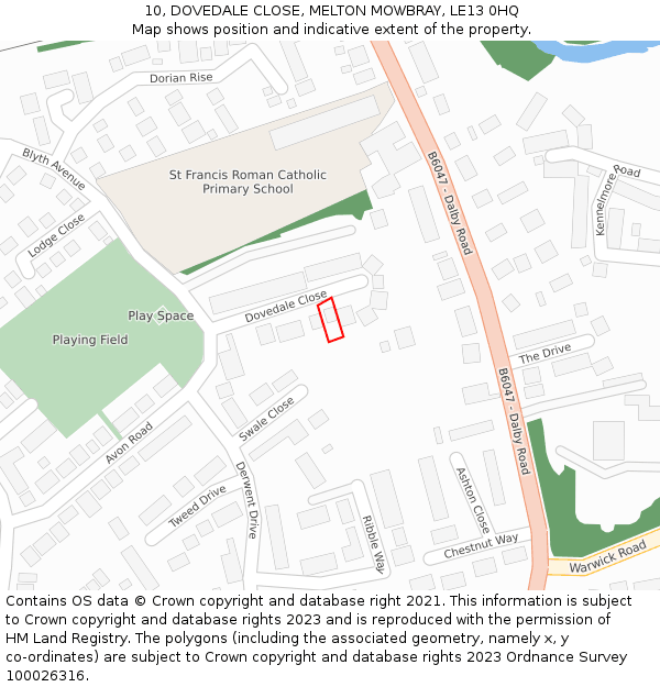 10, DOVEDALE CLOSE, MELTON MOWBRAY, LE13 0HQ: Location map and indicative extent of plot