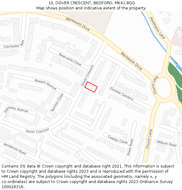 10, DOVER CRESCENT, BEDFORD, MK41 8QG: Location map and indicative extent of plot