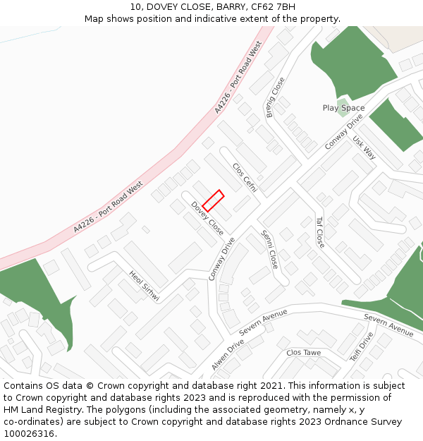 10, DOVEY CLOSE, BARRY, CF62 7BH: Location map and indicative extent of plot