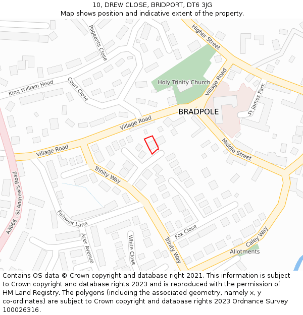 10, DREW CLOSE, BRIDPORT, DT6 3JG: Location map and indicative extent of plot