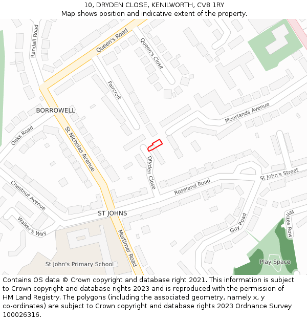 10, DRYDEN CLOSE, KENILWORTH, CV8 1RY: Location map and indicative extent of plot