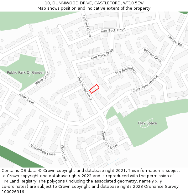 10, DUNNIWOOD DRIVE, CASTLEFORD, WF10 5EW: Location map and indicative extent of plot