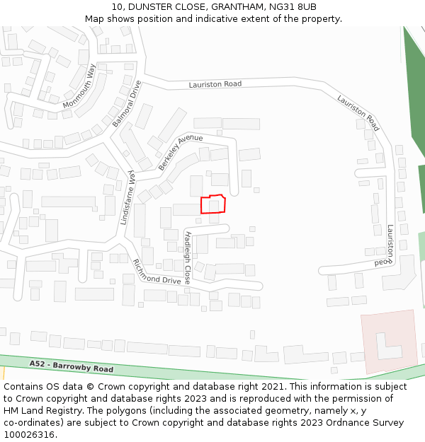 10, DUNSTER CLOSE, GRANTHAM, NG31 8UB: Location map and indicative extent of plot