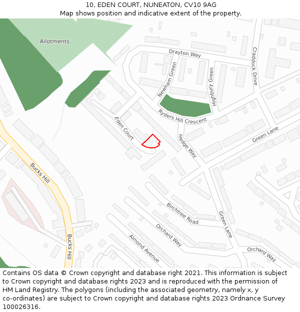 10, EDEN COURT, NUNEATON, CV10 9AG: Location map and indicative extent of plot