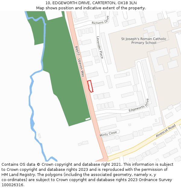 10, EDGEWORTH DRIVE, CARTERTON, OX18 3LN: Location map and indicative extent of plot