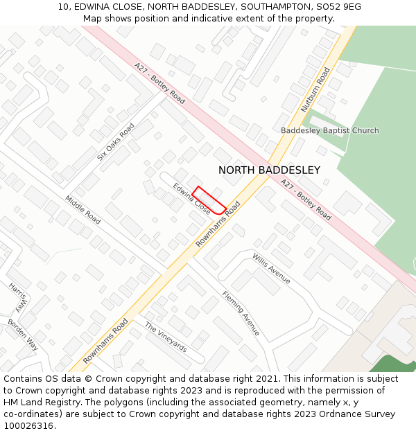 10, EDWINA CLOSE, NORTH BADDESLEY, SOUTHAMPTON, SO52 9EG: Location map and indicative extent of plot