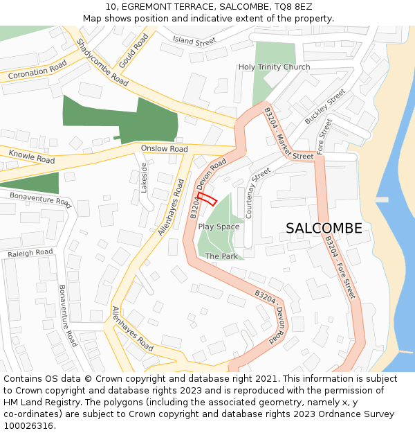 10, EGREMONT TERRACE, SALCOMBE, TQ8 8EZ: Location map and indicative extent of plot