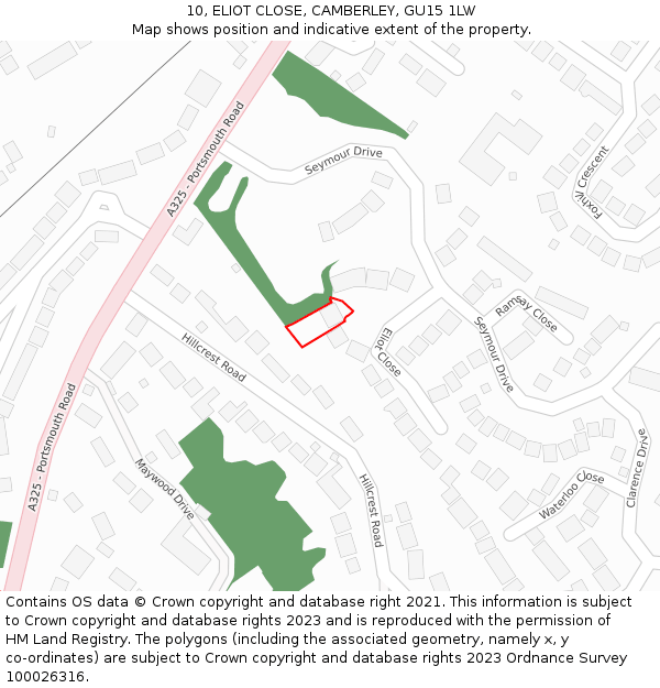 10, ELIOT CLOSE, CAMBERLEY, GU15 1LW: Location map and indicative extent of plot