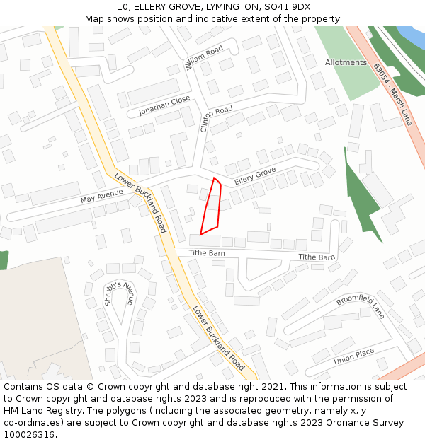 10, ELLERY GROVE, LYMINGTON, SO41 9DX: Location map and indicative extent of plot