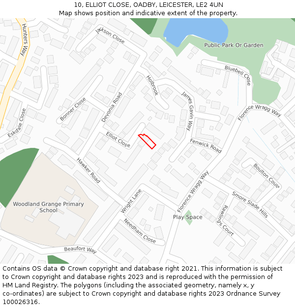 10, ELLIOT CLOSE, OADBY, LEICESTER, LE2 4UN: Location map and indicative extent of plot