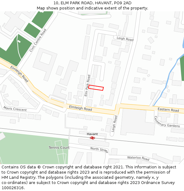 10, ELM PARK ROAD, HAVANT, PO9 2AD: Location map and indicative extent of plot